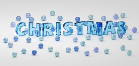 Soft blue glass Christmas mood sign Party On gray Background. Modern Minimal New Year Concept 3D render Illustrationの写真素材