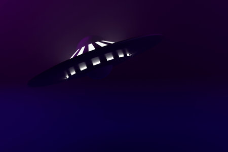 3D rendering Illustration of ufo flying saucer over the foggy skyの写真素材