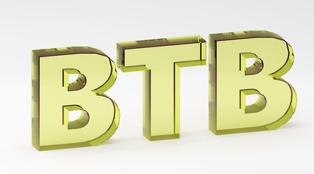 Bright yellow glass inscription BTB on white smooth background, soft light, 3d rendering front viewの写真素材