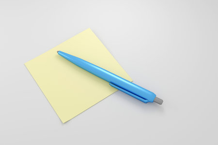 3D render Illustration of Assorted School Supplies bright blue pen and yellow stick note on white backgroundの写真素材