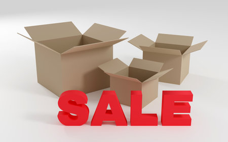 Luxury inscription Sale on grey podium and delivery boxes, soft light, smooth background, 3d renderingの写真素材