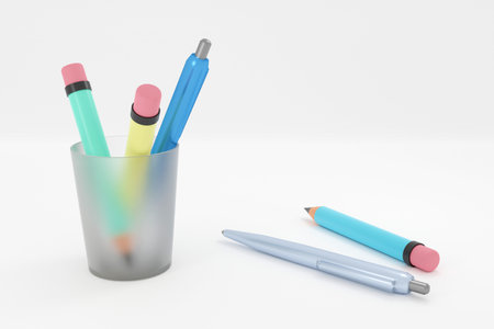 3D Illustration of Assorted School Supplies blue pencil and pen in glassの写真素材