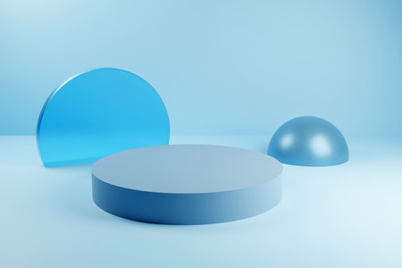 Abstract minimal scene with geometrical forms. Column podiums in light blue color. Mock up scene to show products. Showcase, shopfront, display case. 3d renderingの写真素材