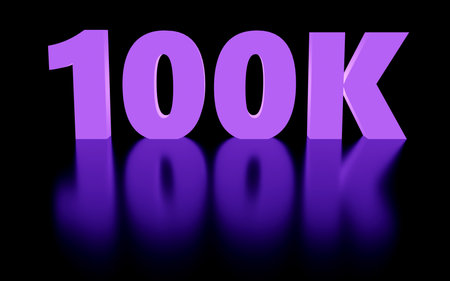 Luxury glass inscription 100k on black podium, soft light, front view smooth background, 3d...