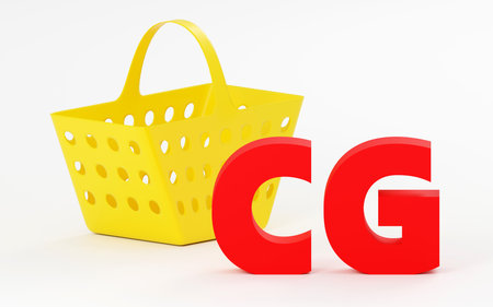 Vibrant 3D Illustration Featuring Bold CG Letters Beside a Bright Yellow Basketの写真素材