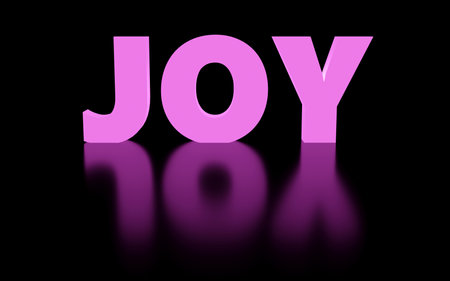 Luxury purple glowing inscription Joy on black podium, soft light, front view smooth background, 3d renderingの写真素材