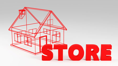 Luxury red inscription store on gray podium, soft light, front view smooth background, 3d renderingの写真素材