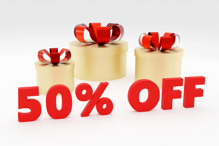 Inscription 50 percents off on grey podium, soft light, smooth background, 3d renderingの写真素材