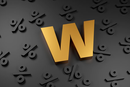 Golden inscription percent on gray podium, soft light, front view smooth background, 3d renderingの写真素材