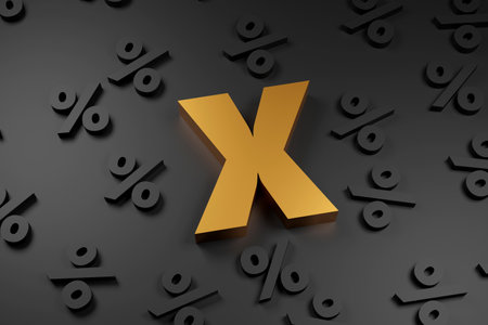 Golden inscription percent on gray podium, soft light, front view smooth background, 3d renderingの写真素材