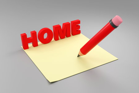 Luxury red inscription home on gray podium, soft light, front view smooth background, 3d renderingの写真素材