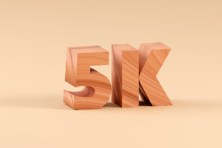 Luxury wood sign 5k online internet media blog followers 3D render illustration on red cubesの写真素材