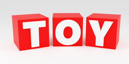 Luxury red cubes inscription toy on gray podium, soft light, front view smooth background, 3d renderingの写真素材