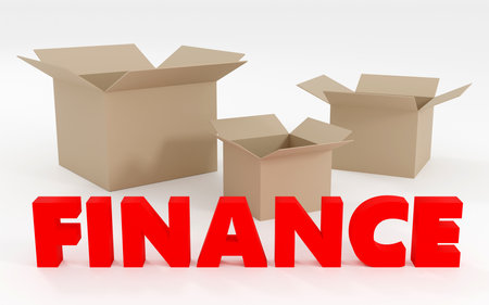 Luxury red inscription finance on gray podium, soft light, front view smooth background, 3d renderingの写真素材