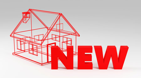 Luxury red inscription new on gray podium, soft light, front view smooth background, 3d renderingの写真素材