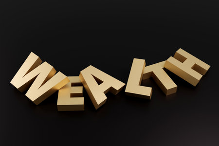 Luxury golden inscription wealth on black podium with pencil, soft light, smooth background, 3d renderingの写真素材