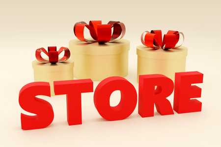 Luxury red inscription store on yellow podium, soft light, smooth background, 3d renderingの写真素材