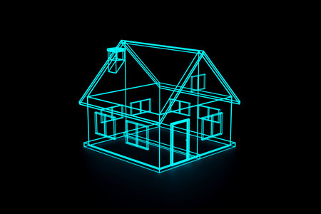 Minimal cute house made by neon blue wireframe on black background cartoon style. 3d rendering illustrationの写真素材