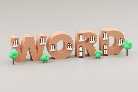 Luxury tiny houses inscription word on gray podium, soft light, front view smooth background, 3d renderingの写真素材