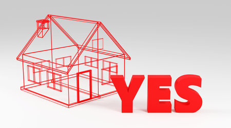 Luxury red inscription yes on grey podium, soft light, smooth background, 3d renderingの写真素材
