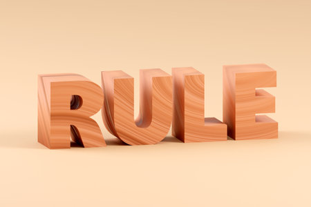 Luxury wooden inscription rule on grey podium, soft light, smooth background, 3d renderingの写真素材