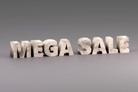 Luxury concrete inscription Sale on gray podium with red cubes, soft light, front view smooth background, 3d renderingの写真素材