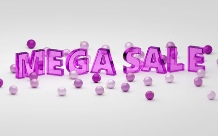 Luxury purple glass inscription Sale with ornaments, soft light, light background, 3d render