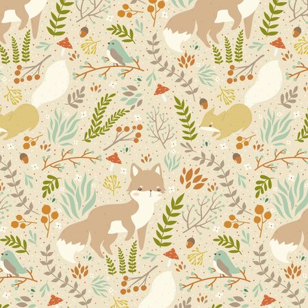 Cute baby fox pattern with different flowers, leaves and mushrooms on pastel background. Cute foxes patter for children designs, nursery room decor and textile. Vector pattern with foxes and leavesのイラスト素材