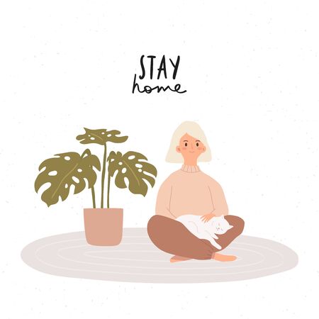 cute girl sitting in comfy armchair with white cat and plants. Cozy living place illustration. Flat cartoon girl illustration with stay home conceptのイラスト素材