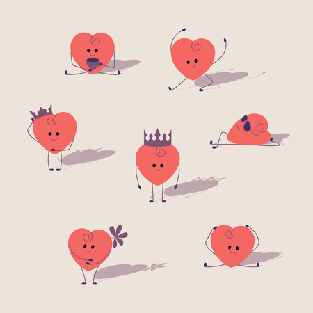 Set of pink hearts. Cartoon hearts with different expressions stylized drawing hands. Heart king, queen, sunbathing, sick, dancing, drinking tea, with flowerのイラスト素材