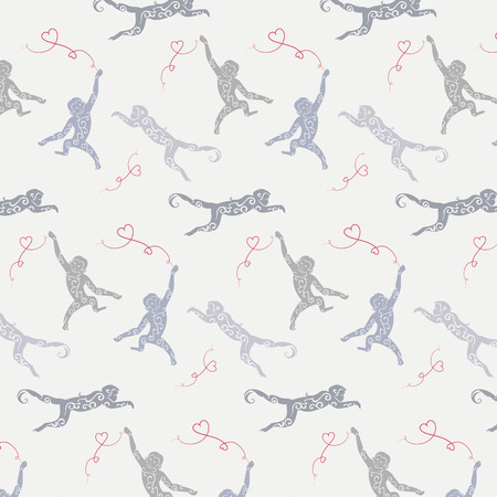 Vector illustration with monkeys in different stance. Grey monkeys and red hearts pattern.のイラスト素材