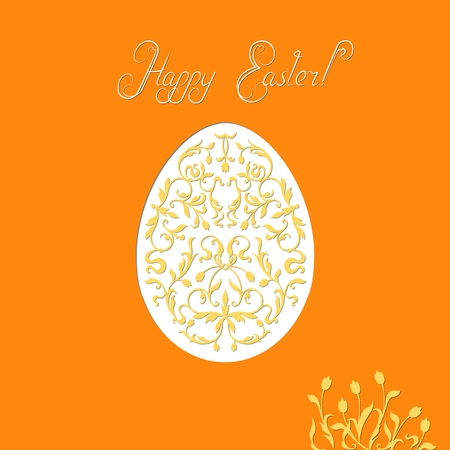 Ornamental egg. Handwritten Happy Easter. Easter card with yellow tulips, orange background, floral ornament in the form of eggs.のイラスト素材