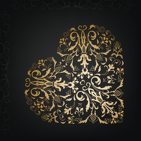 Golden corner ornamental floral element on the black background. Elegance shape of heart. Vintage styleのイラスト素材