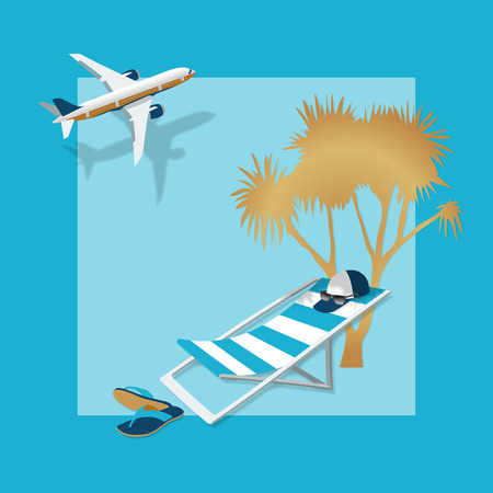 Summertime traveling template with beach summer accessories, vector illustration. Beach chair, palm, hat, flip flops and sunglasses on a blue background.のイラスト素材