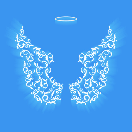 Angel design elements - wings and halo isolated on the blue background. Abstract vector illustration of ornamental elegant angel wings.のイラスト素材
