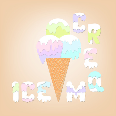 Ice, letters dripping ice cream on a light background. Design elements for a ice cream cafe. Pink, green, blue, violet ice-cream balls. The card with the letters and vanilla ice cream in a waffle cone.のイラスト素材