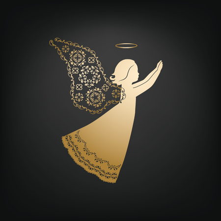 Golden angel on a dark background. Beautiful applique. Abstract design. Isolated vector objects.のイラスト素材