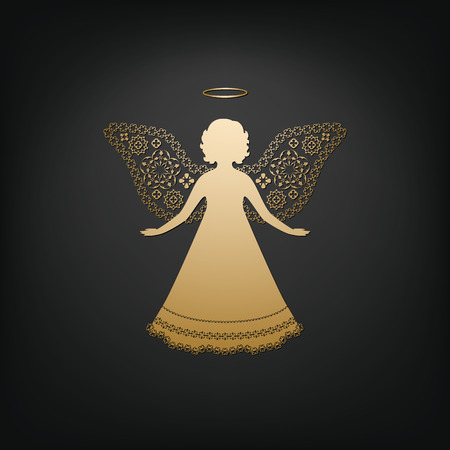 Golden angel on a dark background. Beautiful applique. Abstract design. Isolated vector objects.のイラスト素材