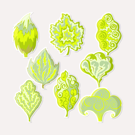 Set of stylized trees of different forms. Green trees on a light background. Abstract summer trees. Simple shapes. Isolated vector objects. Hand drawing. Doodles ornament.のイラスト素材