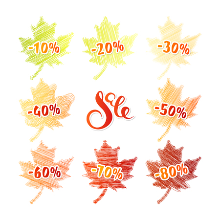 Set of tags of maple leaves with different percent. Yellow, red leaves in the Scribble style.のイラスト素材