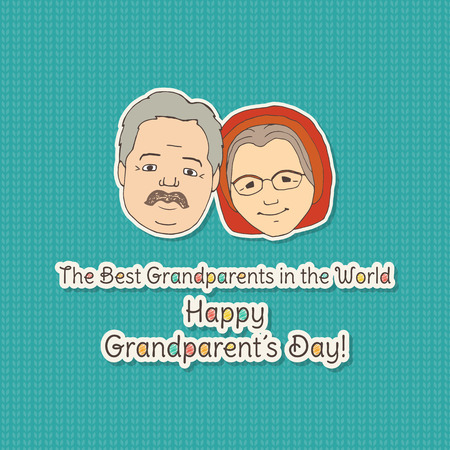 Greetings on grandparents day with the phrase and face of grandfather and grandmother on a knitting cyan background in a hand drawing style.のイラスト素材