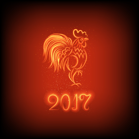 illustration of symbol of 2017 on the Chinese calendar. Silhouette of red cock, decorated luminosity lines. Fire rooster on a dark red background.のイラスト素材