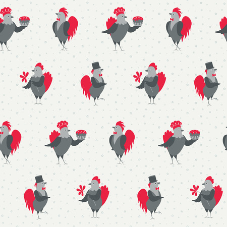 Happy new year seamless background with cartoon roosters and chickens. Birds on a light background with grey stars. Vector illustration of symbol of 2017 on the Chinese calendar.のイラスト素材