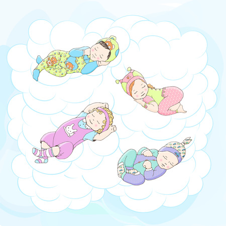 Funny children sleeping in the clouds. Babies sleeping in different poses. Hand drawing. Blue watercolor background.のイラスト素材