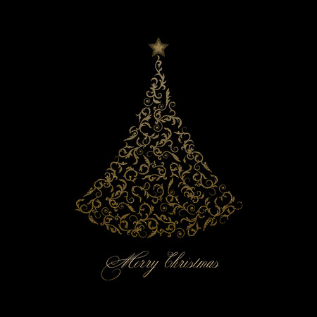 Golden tree with star on a black background. Ornamental Christmas tree. Holiday wallpaper, New Year greeting card template with congratulation text.のイラスト素材