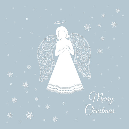 Christmas angel with ornamental floral wings and nimbus on a light grey background. The praying white angel and snowflakes. Merry Christmas text.のイラスト素材