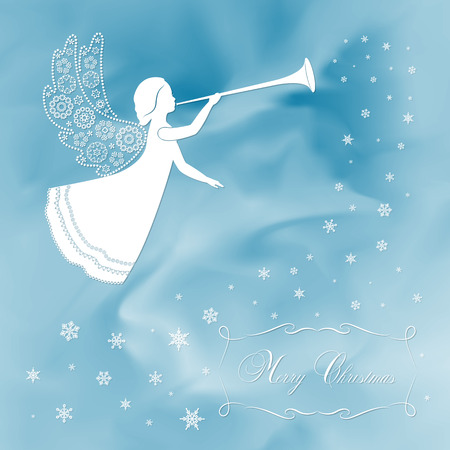 Christmas angel with ornamental floral wings and nimbus on abstract light cyan background. The white angel and snowflakes. Merry Christmas text.のイラスト素材