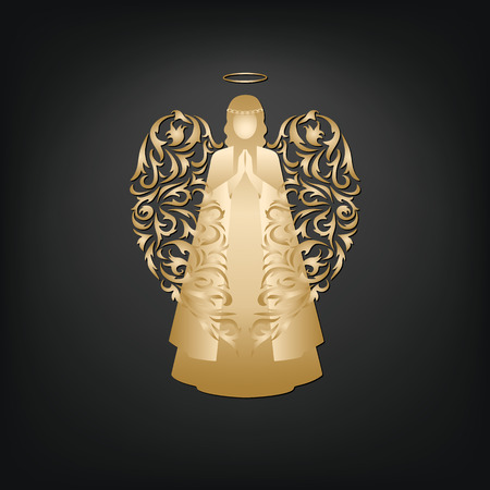 Golden angel on a dark background. Beautiful applique. Abstract design. Isolated vector objects.のイラスト素材