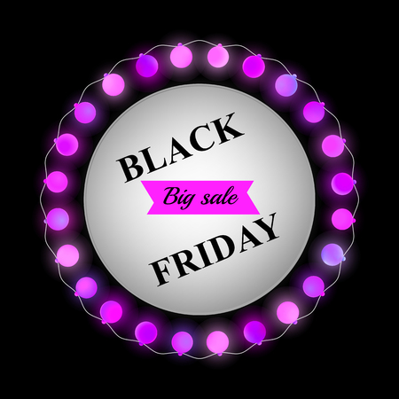 Festive sale poster with purple matte balls on a dark background and white circle in the center with sale text. Glowing Christmas lights garland.のイラスト素材