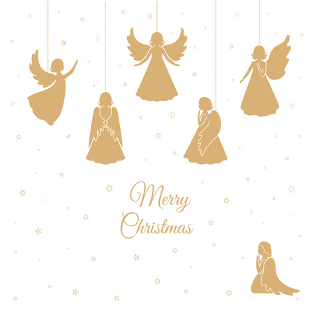 Angels with simple wings on a white background. Golden isolated angel silhouettes and snowflakes hanging on a cord. Merry Christmas text.のイラスト素材